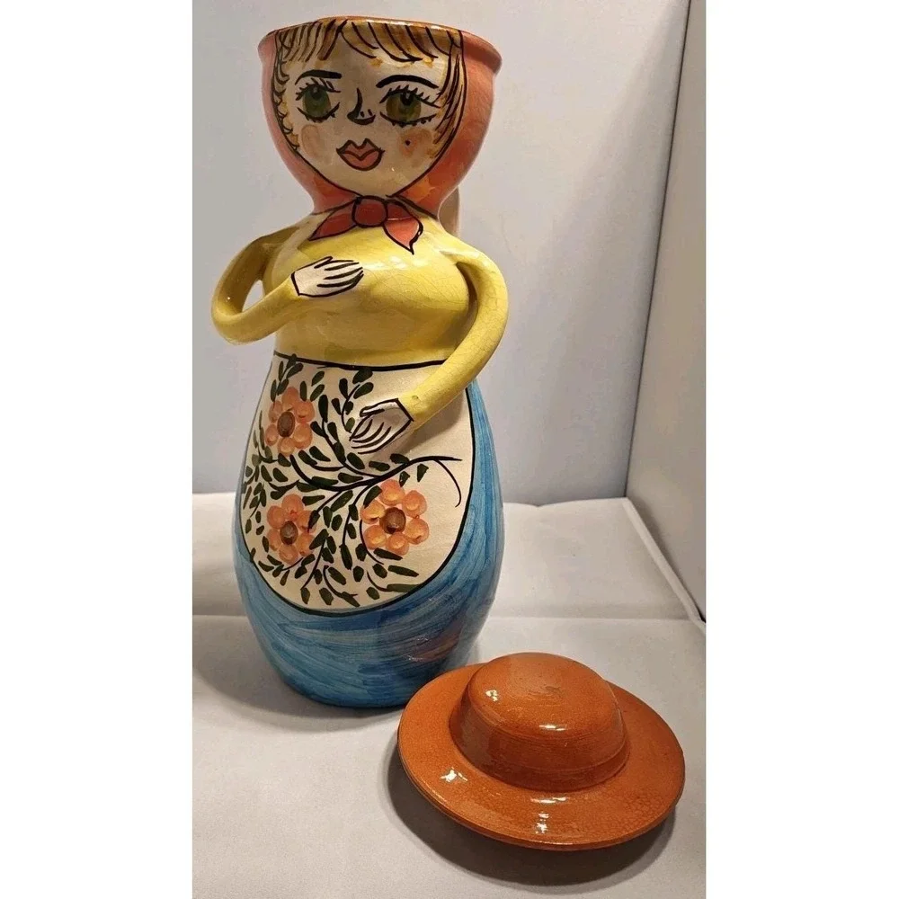 Vintage Portugal Folk Art Clay Woman‎ Pitcher with Hat Lid Hand Painted 12in